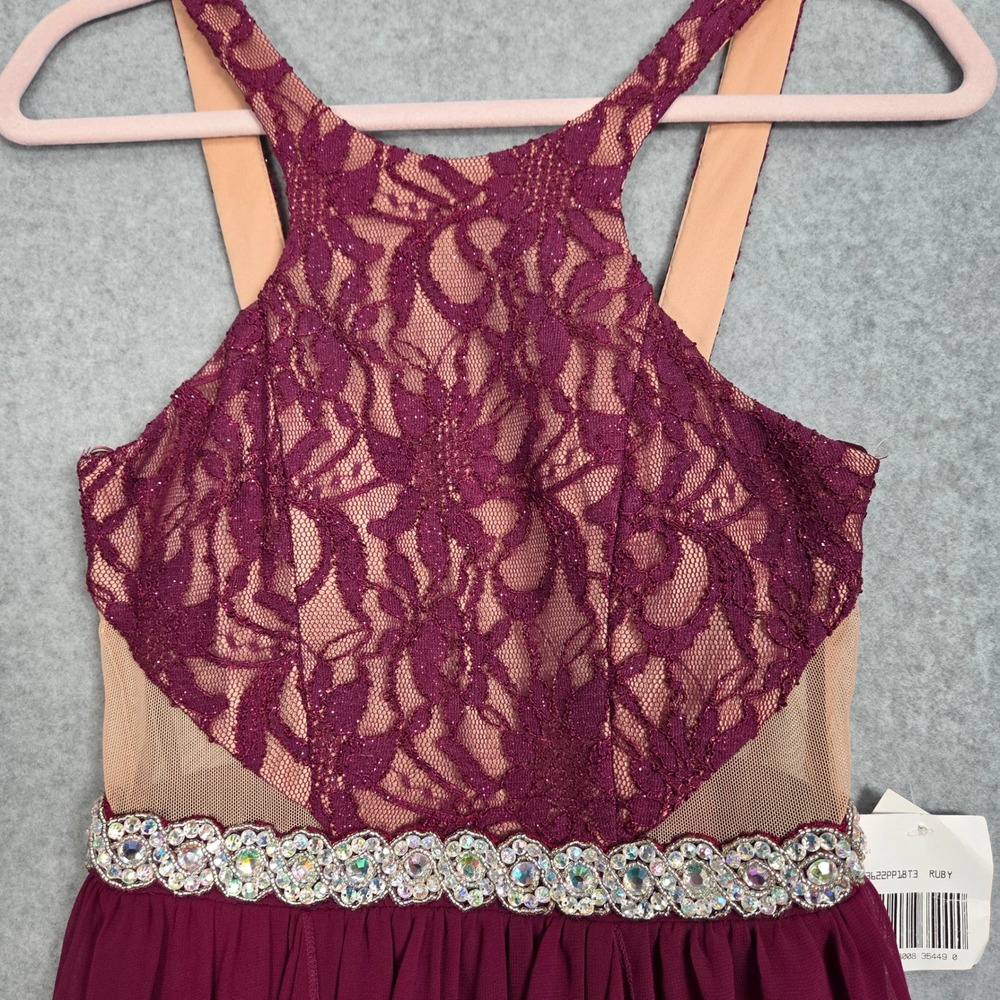 Jodi Kristopher NEW Junior 3‎ High Low Lace Formal Dress Burgundy Illusion Waist - Picture 4 of 7